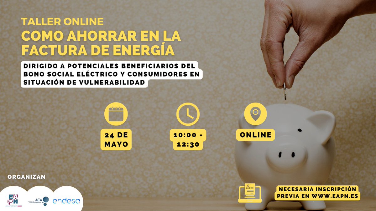 📣Taller online GRATUITO.
¿Quieres ahorrar en tu factura de la luz?💡
Descubre cómo reducir tu factura de energía y beneficiarte del #bonosocial.
¡Apúntate ya!⬇️📝
eapn.es/actualidad/174…
<a href="/Endesa/">endesa</a>  | <a href="/ACAmbientales/">ACA -Asociación de Ciencias Ambientales-</a>

#Pobrezaenergética