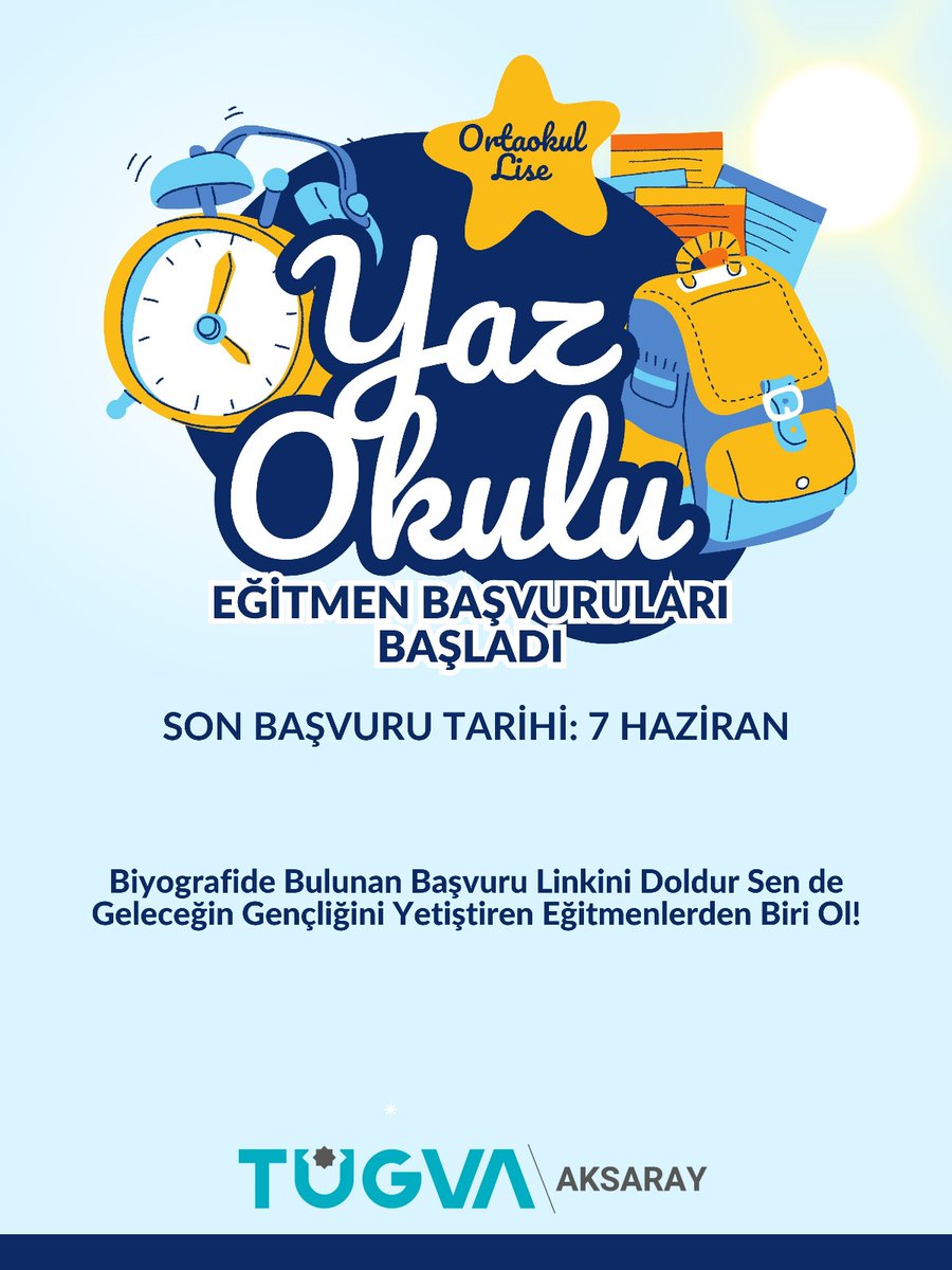 📚TÜGVA Aksaray Yaz Okulu Eğitmen Başvuruları başladı!👩🏻‍🏫

📌Geleceğin mimarı gençliği yetiştiren bu yolda bizlere eşlik etmek isterseniz başvuru formunu doldurabilirsiniz!
forms.gle/bvBp6KpY1eBdqW…

⏳️Son Başvuru Tarihi : 7 Haziran 2024

#BirYazBinGelecek 🌝