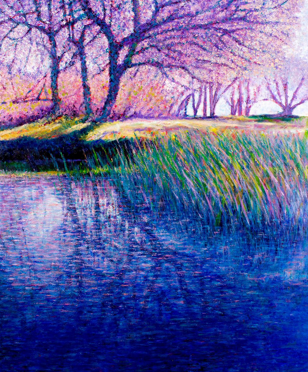 Where lilac and pink trees meet shimmering blue waters. This painting was finger painted in oils on a 29.5x35.5” canvas. “Stillness in Reflection”

#lorrainemcmillanart #fingerpaintingartist
#vibrantartwork #paintings #fingerpainting
