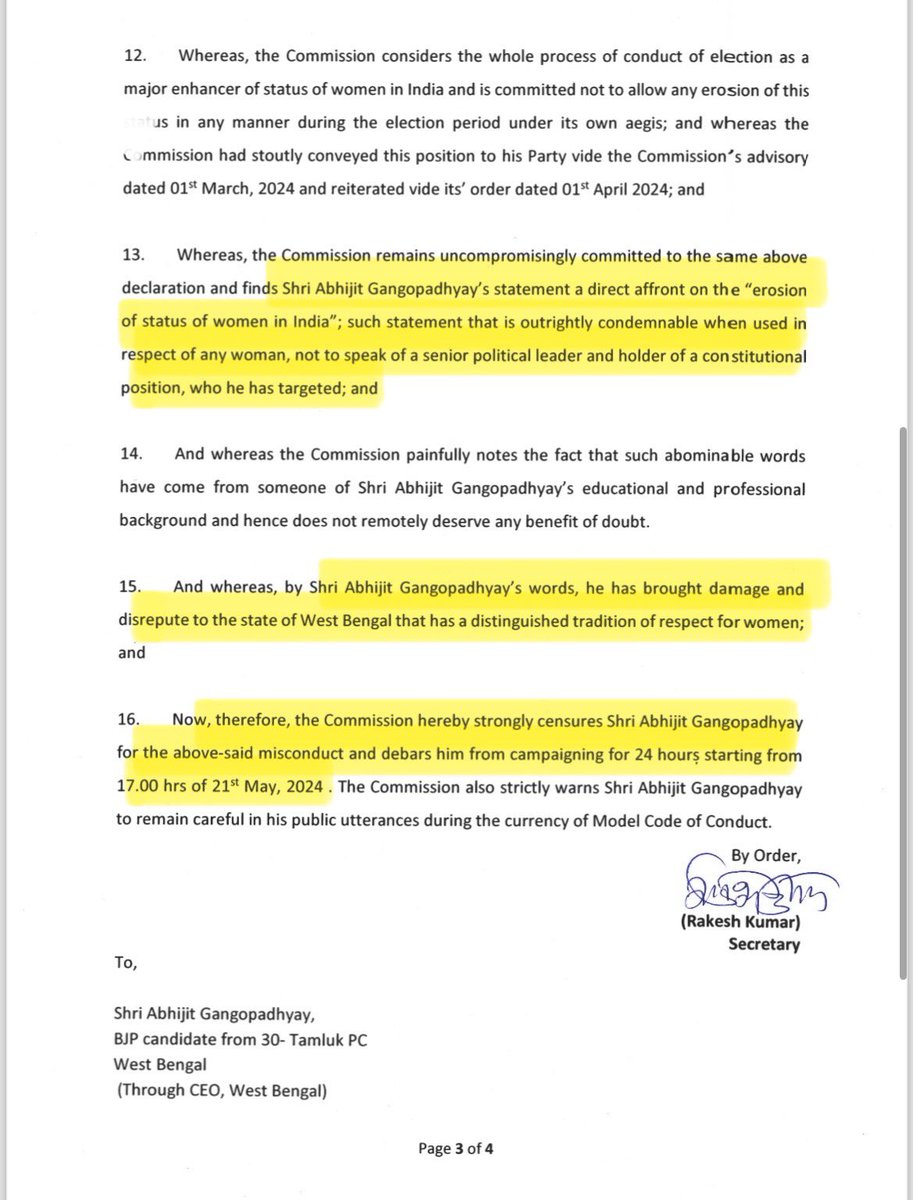 Breaking: #ECI debars #BJP candidate #AbhijitGangopadhyay from campaigning for 24 hours starting 5pm today for his derogatory remarks against CM #MamataBanerjee. ECI says: He has brought damage & disrepute to the state of West Bengal @ThePrintIndia