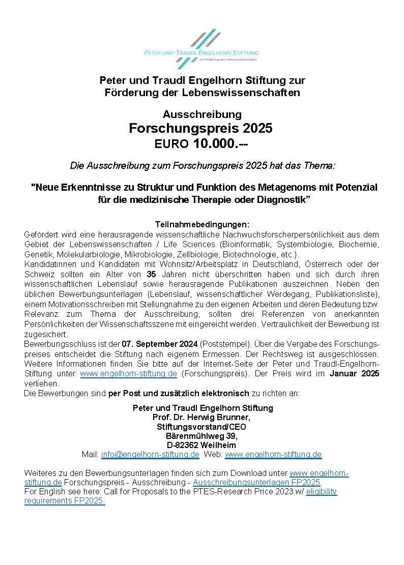📢Research Prize 2025 for Young Scientists 🏅provided by the Peter und Traudl Engelhorn Stiftung 💶Prize Money: 10.000 Euro 📅Application deadline: September 7 For details see below👇