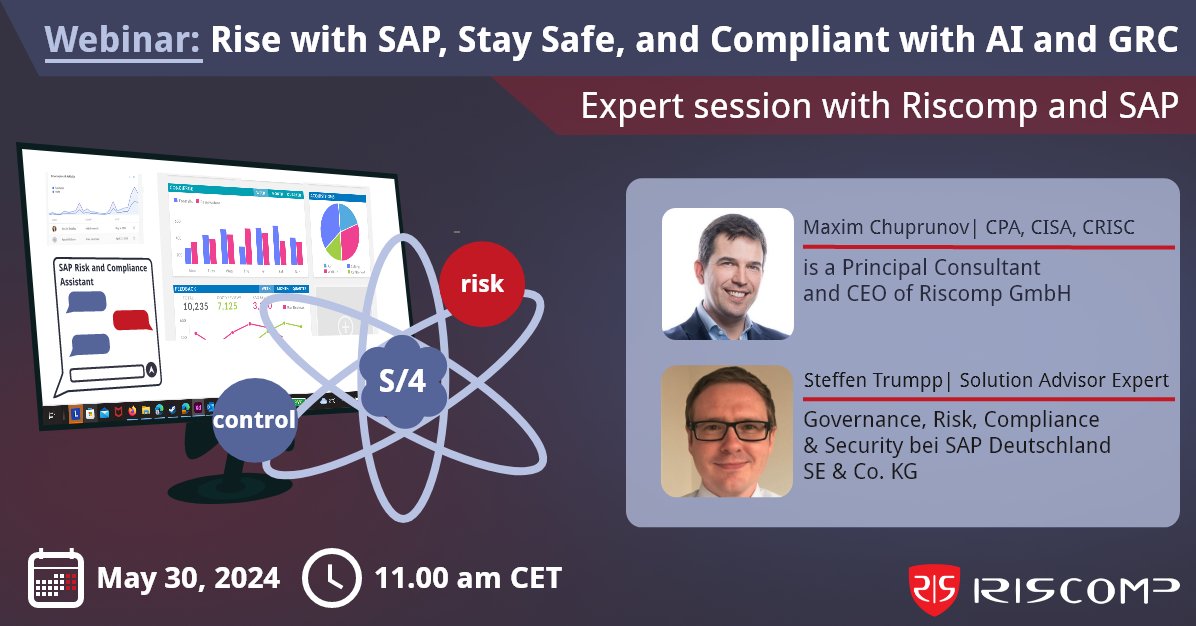 RiscompSAPGRC's tweet image. 📢 𝐉𝐨𝐢𝐧 𝐮𝐬 𝐟𝐨𝐫 𝐚𝐧 𝐞𝐱𝐩𝐞𝐫𝐭 𝐬𝐞𝐬𝐬𝐢𝐨𝐧 𝐚𝐧𝐝 𝐞𝐱𝐜𝐥𝐮𝐬𝐢𝐯𝐞 𝐝𝐞𝐦𝐨 on May 30th 2024! Maxim from Riscomp and Steffen from SAP will elaborate on SAP Security and Compliance Monitoring topics #SAPGRC #SAPCompliance #RiscompWebinar
riscomp.ch/rise-with-sap-…