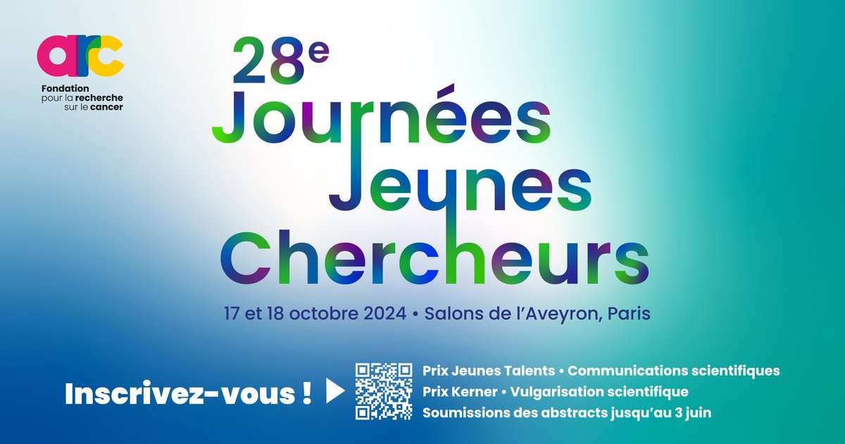 📢 28e Journées #JeunesChercheurs les 17 & 18/10 à Paris : J-15 !
Jeunes Talents soutenus en 2024 : vous avez jusqu'au 03/06 pour candidater à nos prix des meilleures communications scientifiques et vulgarisées ! 🏆
Infos et inscriptions : fondation-arc.org/JJC2024
#JJC2024 #Prix