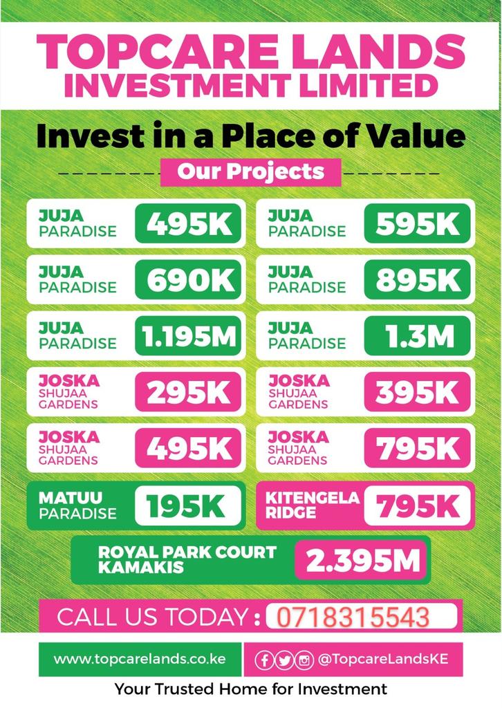 Discover your dream property with Topcare Lands Kenya!  We offer prime plots ranging from just KSh 195K to 2.3M. Secure your piece of paradise today! Visit our Ruiru office, call or WhatsApp 0718315543. #TopcareLandsKenya #RealEstate #InvestInKenya #AffordablePlots