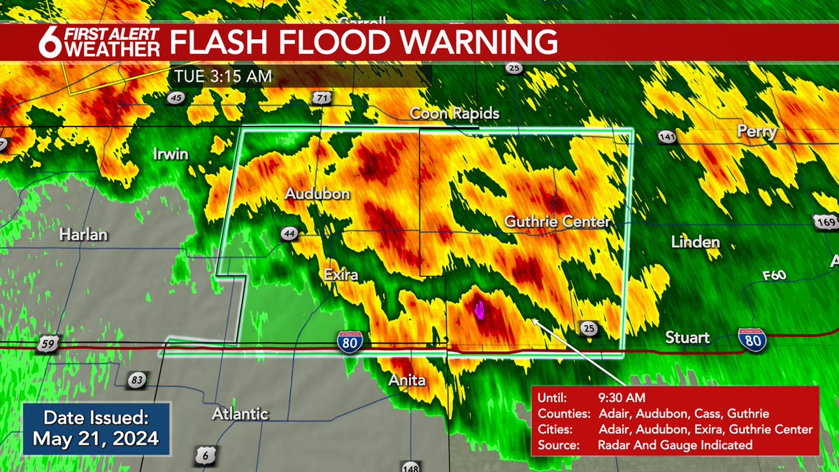 FIRST ALERT: A Flash Flood Warning is currently in effect for Audubon, Guthrie, Adair, Cass counties until May 21 9:30AM. Get the latest information on 6 News and our WOWT First Alert Weather app.