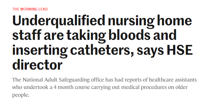 CMHaughey's tweet photo. HEALTHCARE ASSISTANTS in private nursing homes are carrying out medical procedures such as catheterisations and taking bloods, which they are not qualified to perform, according to reports received by the HSE’s national safeguarding office.

https://t.co/Qf1h5ZXPhs https://t.co/uszJVnkmLK