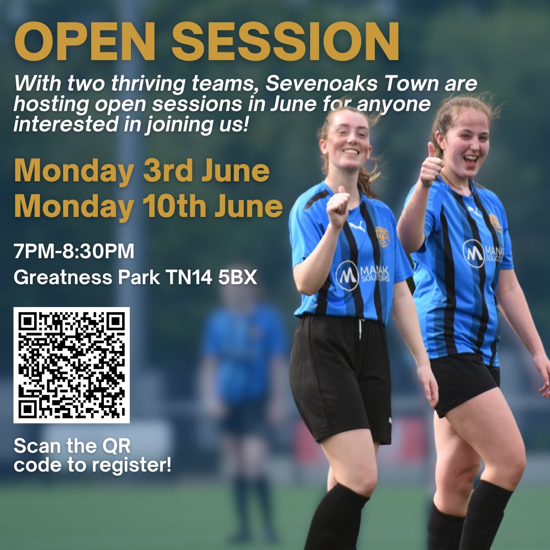 Sevenoaks Town FC Women & Girls (@stfcwomen) on Twitter photo OPEN SESSIONS⚽️
Just ONE week to go until our first women's open session! Come along and give us a try!
📅Monday 3rd June
⏰7-8:30PM
📍Greatness Park, TN14 5BX
Register here👉bit.ly/3QOXDk2
💙🖤| <a href="/SevenoaksTownFC/">Sevenoaks Town FC</a> <a href="/WestKentSport/">West Kent Sports News</a> <a href="/SECWFLnews/">SECWFL</a> <a href="/KentFA/">Kent FA ⚽</a> OPEN SESSIONS⚽️
Just ONE week to go until our first women's open session! Come along and give us a try!
📅Monday 3rd June
⏰7-8:30PM
📍Greatness Park, TN14 5BX
Register here👉bit.ly/3QOXDk2
💙🖤| <a href="/SevenoaksTownFC/">Sevenoaks Town FC</a> <a href="/WestKentSport/">West Kent Sports News</a> <a href="/SECWFLnews/">SECWFL</a> <a href="/KentFA/">Kent FA ⚽</a>