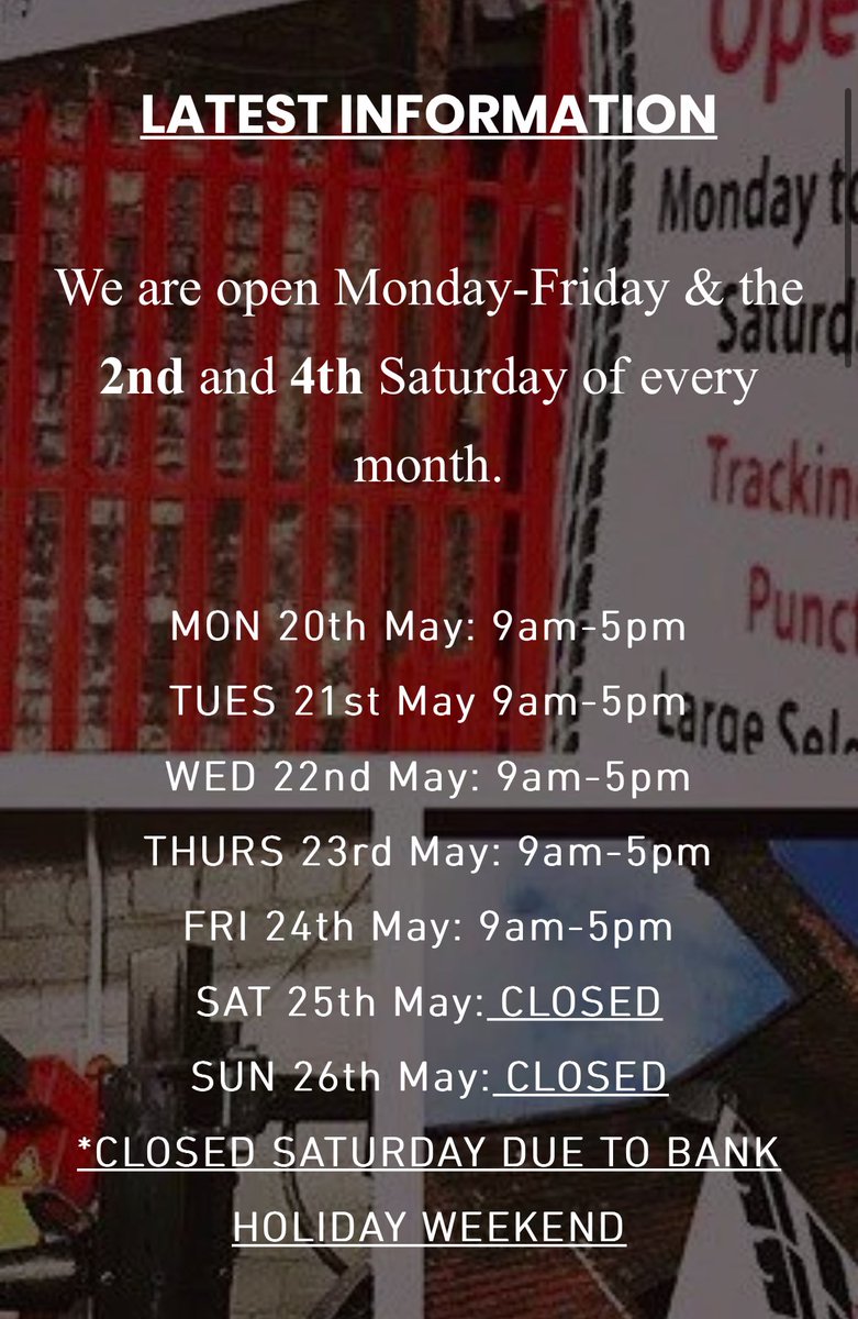 Please note we are closed this Saturday 25th due to the bank holiday weekend 😎🇬🇧