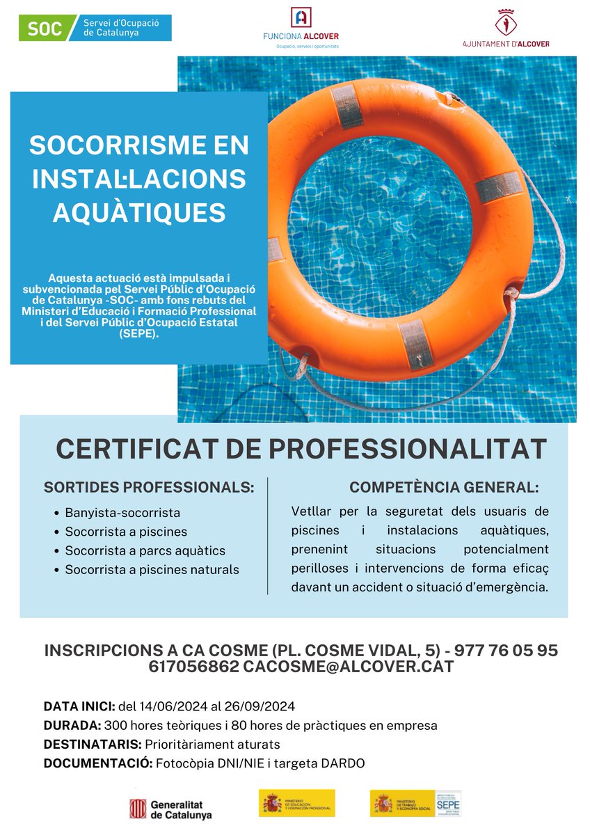 FuncionaAlcover's tweet photo. [FORMACIÓ] 🛟Obertes les inscripcions per al curs de Socorrisme en instal·lacions aquàtiques, dirigit prioritàriament a persones demandants d'ocupació.
🗓️DATA D'INICI: 14 de juny
ℹ INSCRIPCIONS I MÉS INFO: a Ca Cosme,  cacosme@alcover.cat, 977.760.595 / 617.056.862
#formació https://t.co/gTkHSvIx0O