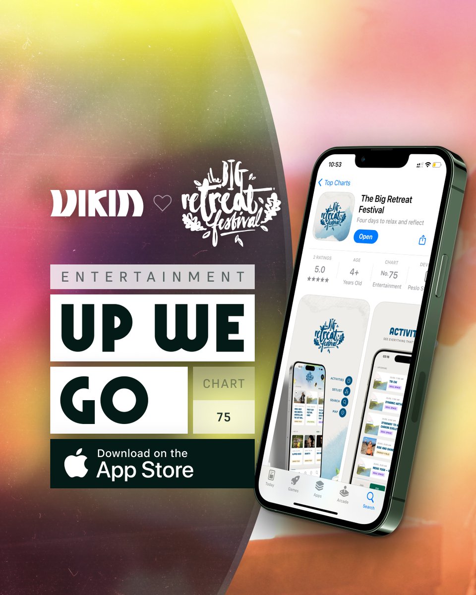 vikinevents's tweet photo. The Big Retreat Festival is now in the TOP 75 UK entertainment apps on the Apple App Store! 

#FestivalTech #EventProfs #TheBigRetreatFestival #VIKINApps #UKFestivals #AppDevelopment #TechInnovation #EventIndustry #FestivalLife #AppleAppStore #EventMarketing https://t.co/FsIiacunP9