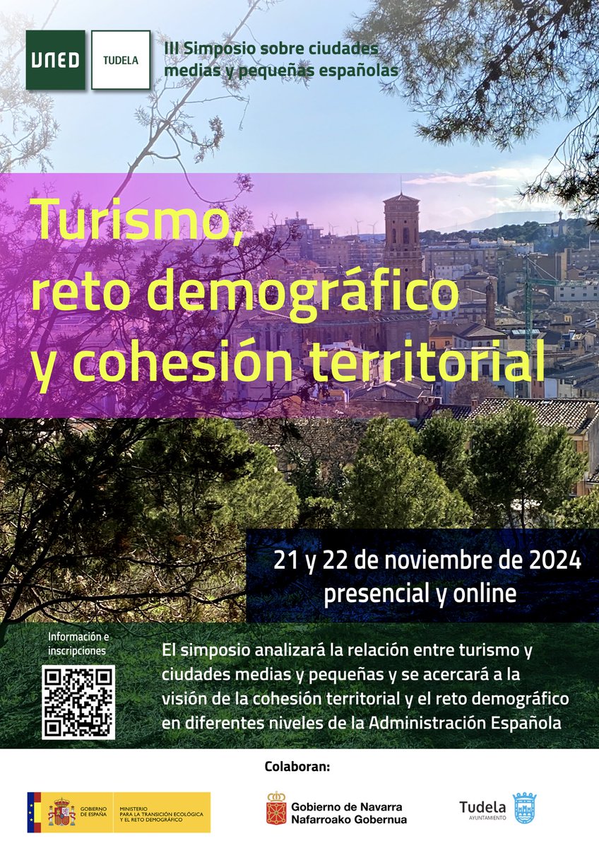 III Simposio ciudades medias y pequeñas españolas unedtudela.es/simposiociudad… “Turismo, reto demográfico y cohesión territorial” 21 y 22 de noviembre en @unedtudela con @SergioAndCab @jorgedioni @cbengoechea @AntonZARATE @MaraJosVIALS1 @RDemografico @lariojaorg @gob_na y Jaume Font