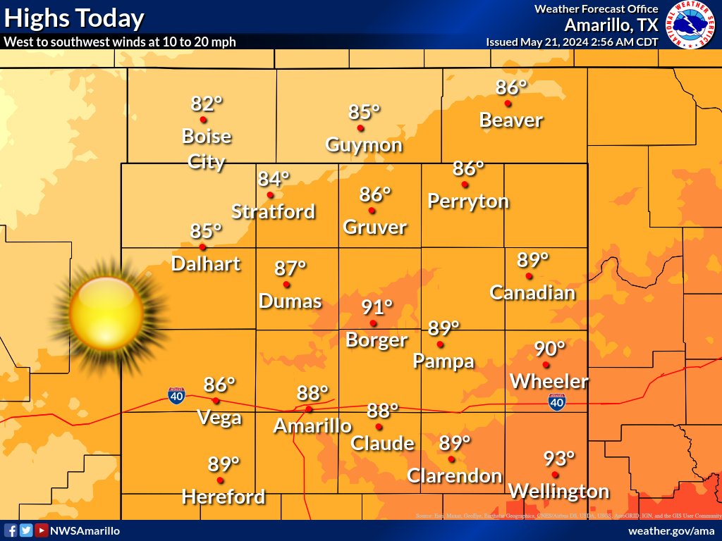 Highs today will be 5 to 10 degrees less hot than the past two days, but still expecting highs in the 80s to low-90s.

#txwx #okwx #phwx