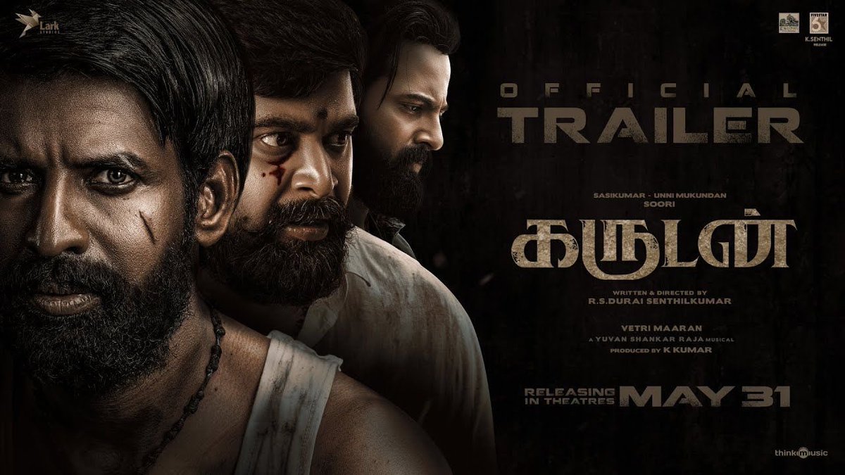 #Garudan Trailer - youtu.be/B2yC1jpAYvQ Looks Super promising 👏👏👏👏 Soori, Sasi Kumar, Unni Mukundan, Roshni starrer revenge thriller directed by Durai Senthilkumar. Releasing in cinemas on MAY 31st.