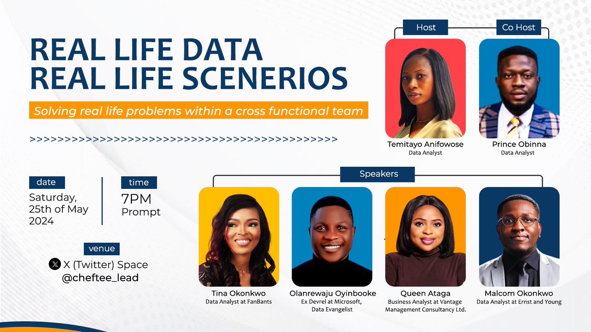 Have you have always wondered what the experience is working with real life data and solving real world problems in an organization? Our speakers @Rita_tyna @malcom_okonkwo @TheOyinbooke @maquinbeaury would be sharing with us their experience on the space. Set your reminder!!💃