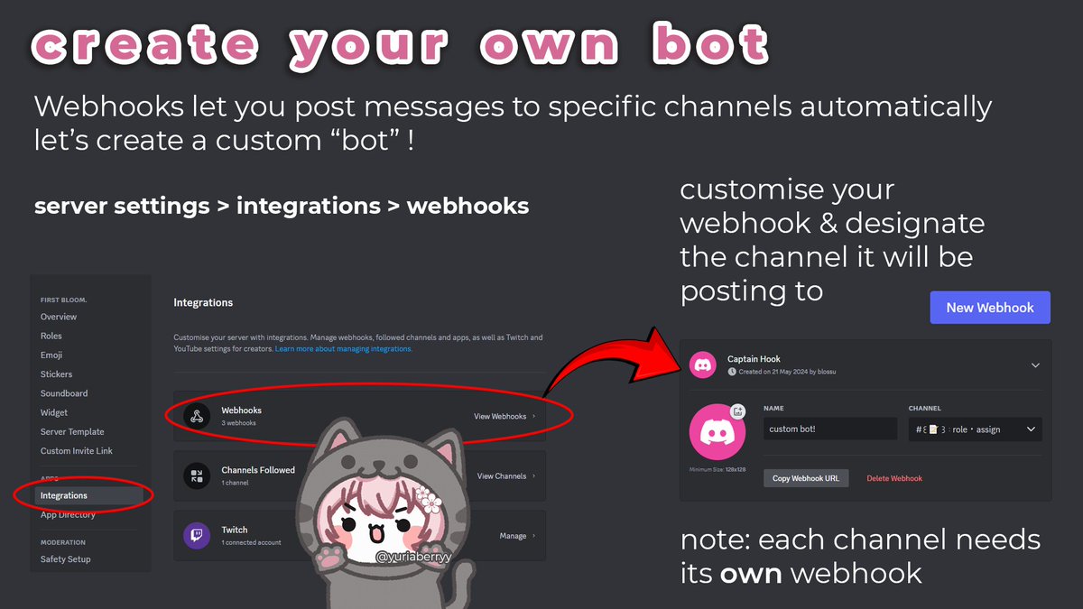 1️⃣┆ create your custom bot using webhooks 🌸
꒰server settings > integrations > new webhook꒱

create a webhook for the channel(s) you would like a custom messenger in. customise the name and pfp. you can change this at any time!