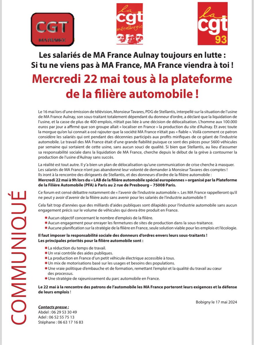 Les salariés de MA France Aulnay toujours en lutte : Si tu ne viens pas à MA France, MA France viendra à toi !
Mercredi 22 mai tous à la plateforme de la filière automobile !
