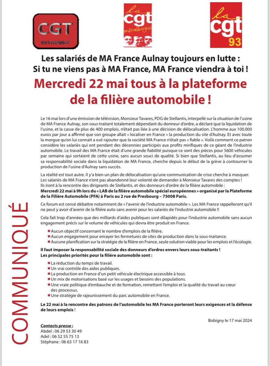 Les salariés de MA France Aulnay toujours en lutte : Si tu ne viens pas à MA France, MA France viendra à toi ! Mercredi 22 mai tous à la plateforme de la filière automobile !