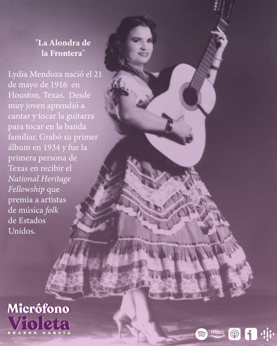 Microfonoviolet's tweet photo. 💜Su familia, originaria de San Luis Potosí, huyó a Texas tras la revolución Mexicana. Apodada “#LaAlondraDeLaFrontera” y “#LaCancioneraDeLosPobres.” 
#LydiaMendoza 

#MicrófonoVioleta #MasMujeres https://t.co/Lk3DyGSpmn