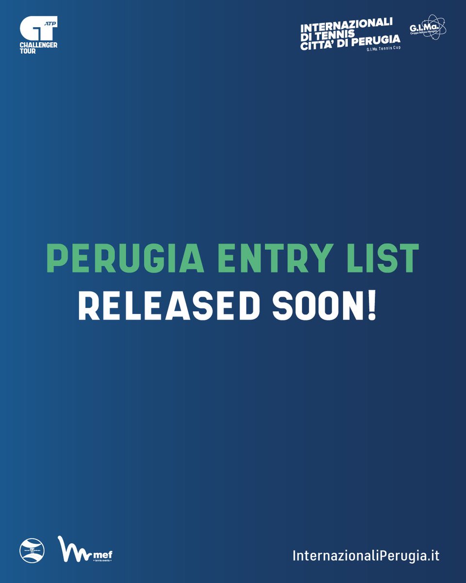 📢 Perugia Entry List Announcement 📢 In arrivo la lista dei giocatori partecipanti alla nona edizione degli Internazionali di Tennis Città di Perugia G.I.Ma. Tennis Cup 🏆🏟️ #StayTuned #InternazionaliPerugia #ATPChallenger