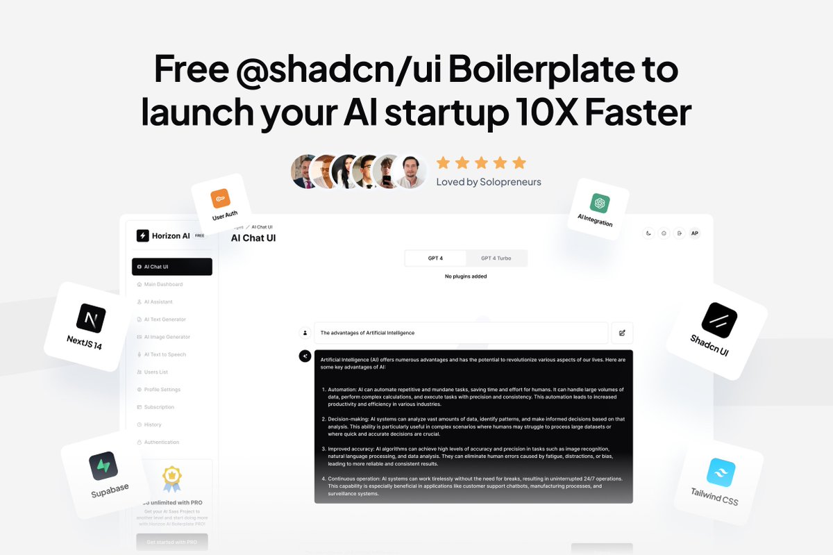 Introducing - Horizon AI Boilerplate Shadcn UI

✅ Open-source Shadcn UI NextJS boilerplate
✅ OpenAI ChatGPT API Integration
✅ Over 30+ Free components &amp; elements
✅ Supabase support

+ made with <a href="/shadcn/">shadcn</a> UI &amp; <a href="/radix_ui/">Radix by WorkOS</a>

🔗 github.com/horizon-ui/sha…