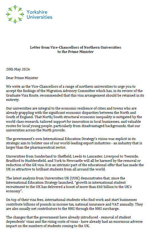 YorkshireUnis's tweet photo. The 12 VCs and principals of the @YorkshireUnis Board have added their signatures to an open letter urging the PM @RishiSunak @10DowningStreet to accept the findings of the #MigrationAdvisoryCommittee and retain the #GraduateRoute Visa.
✍️Read letter:
https://t.co/vkx2Y58waY https://t.co/3qwZWnYsk2
