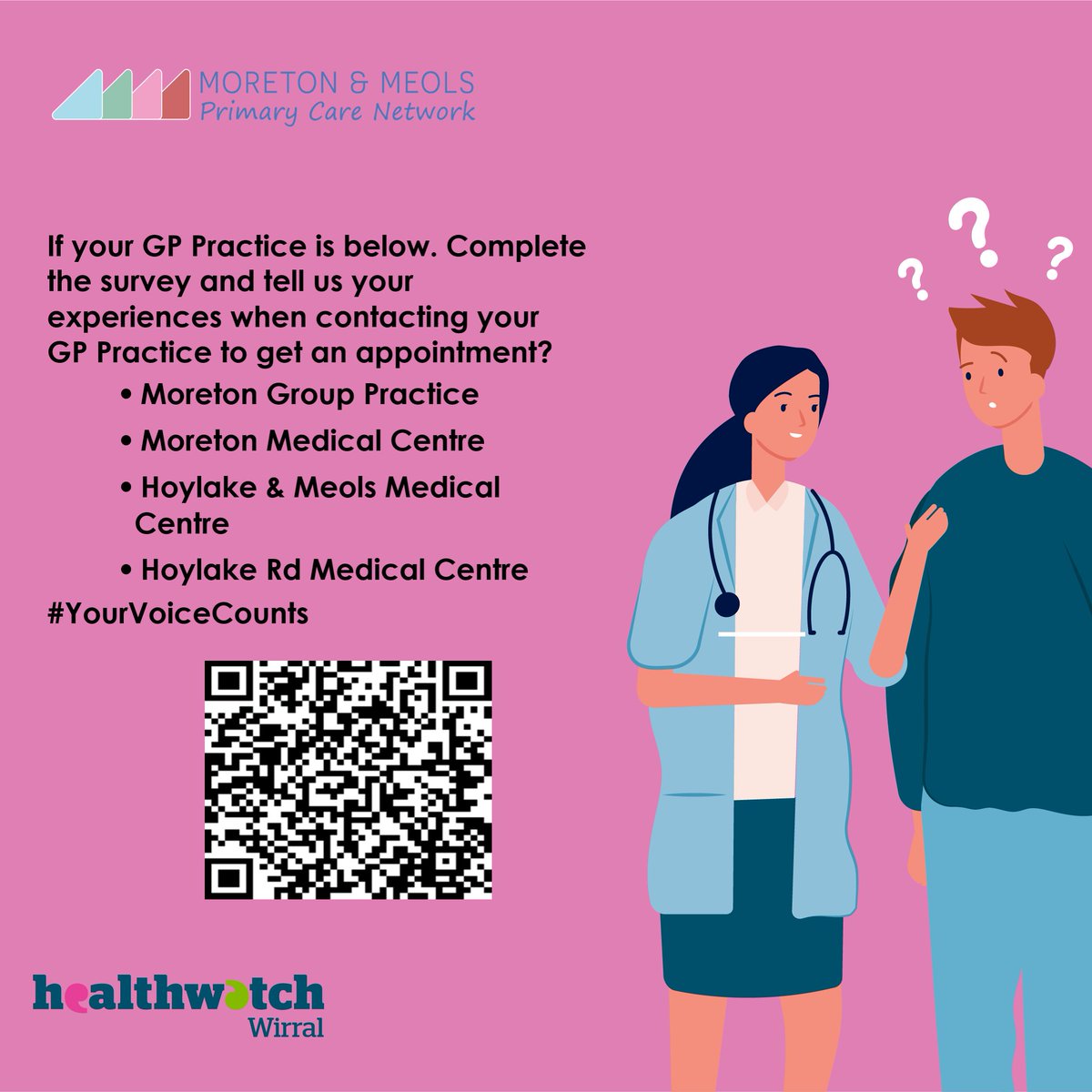 If you are a patient of Moreton &amp; Meols Primary Care network, please take a few minutes to share your experiences.

Patient Survey: surveymonkey.com/r/XL8PKHD

If you would like the survey in another format, please call Healthwatch Wirral on 0151 230 8957

#ShareForBetterCare