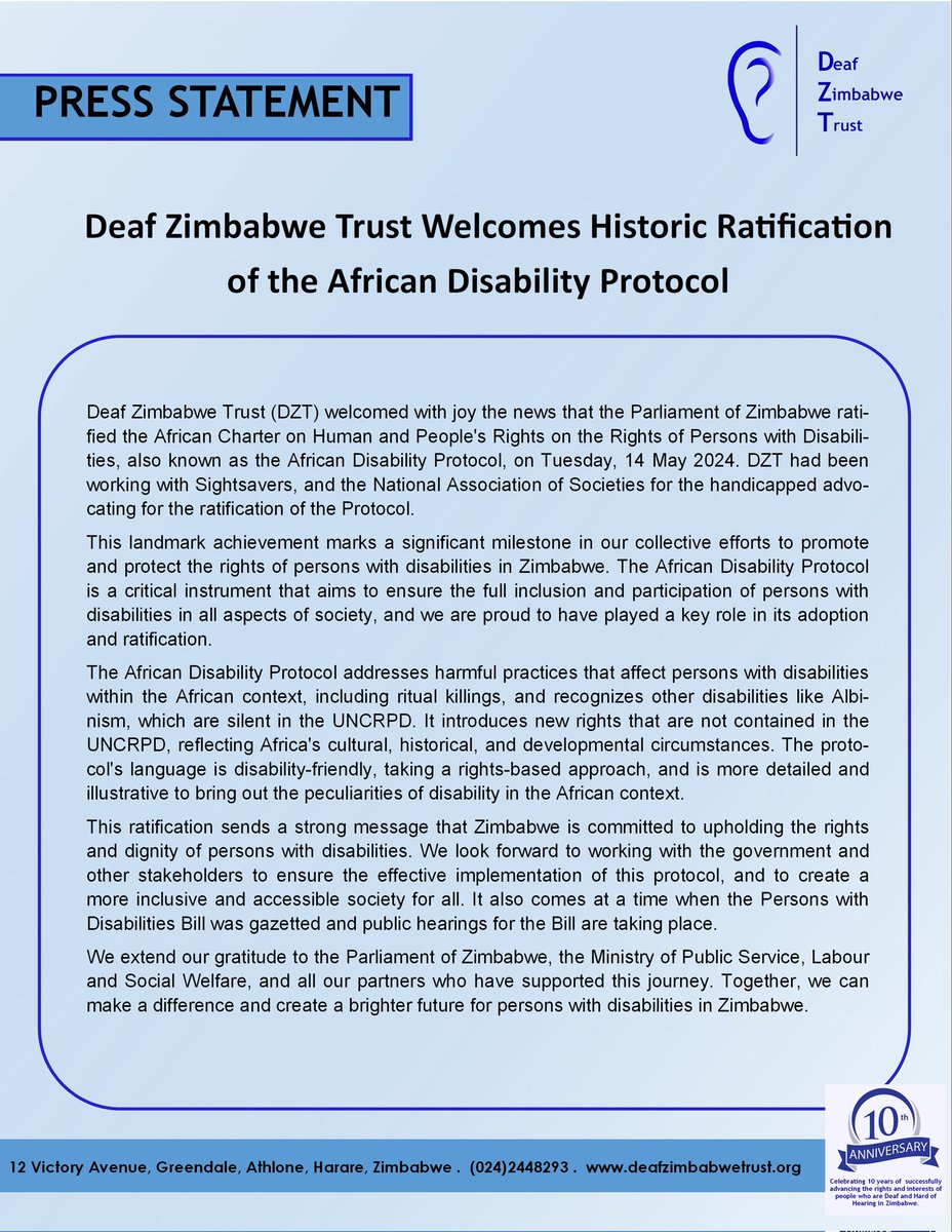 Deaf Zimbabwe Trust Statement on the ratification of the African Disability Protocol by Parliamentof Zimbabwe . #Disability #disabilityinclusion #disabilityawareness #disabilitymatters #ADP @Sightsavers @Nascohzw1 @signsofhopezim @OMpslsw @GwiziSoneni @molokele @ParliamentZim