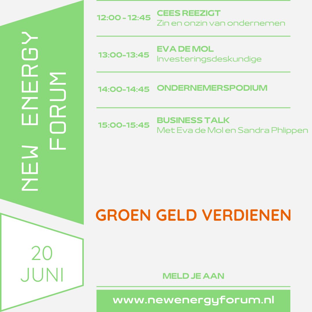 [2/2] Het tijdschema van het New Energy Forum op 20 juni is bekend! Kom langs, raak geïnspireerd, denk mee, praat mee en ervaar innovatie! Aanmelden: newenergyforum.nl/aanmelden/