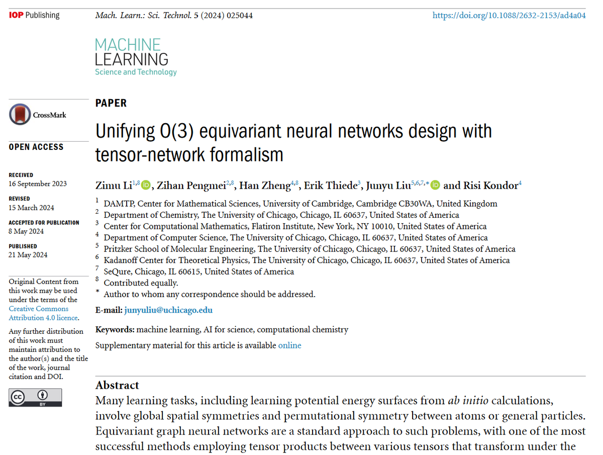Machine Learning: Science and Technology (@mlstjournal) on Twitter photo New work by @erik_der_elch <a href="/junyuliu4/">Junyu Liu</a> <a href="/risi_kondor/">Risi Kondor (see my homepage for new coordinates)</a> et al <a href="/FacultyMaths/">Faculty of Mathematics - University of Cambridge</a> @FlatironCCM <a href="/UChiChemistry/">UChicago Chemistry</a> <a href="/UChicagoCS/">UChicagoCS</a> <a href="/UChicagoPME/">UChicago Pritzker School of Molecular Engineering</a> <a href="/TheSeQure/">SeQure</a>-'Unifying O(3) equivariant #neuralnetworks design with #tensornetwork formalism'-iopscience.iop.org/article/10.108… #machinelearning #quantum #compchem #AI New work by @erik_der_elch <a href="/junyuliu4/">Junyu Liu</a> <a href="/risi_kondor/">Risi Kondor (see my homepage for new coordinates)</a> et al <a href="/FacultyMaths/">Faculty of Mathematics - University of Cambridge</a> @FlatironCCM <a href="/UChiChemistry/">UChicago Chemistry</a> <a href="/UChicagoCS/">UChicagoCS</a> <a href="/UChicagoPME/">UChicago Pritzker School of Molecular Engineering</a> <a href="/TheSeQure/">SeQure</a>-'Unifying O(3) equivariant #neuralnetworks design with #tensornetwork formalism'-iopscience.iop.org/article/10.108… #machinelearning #quantum #compchem #AI