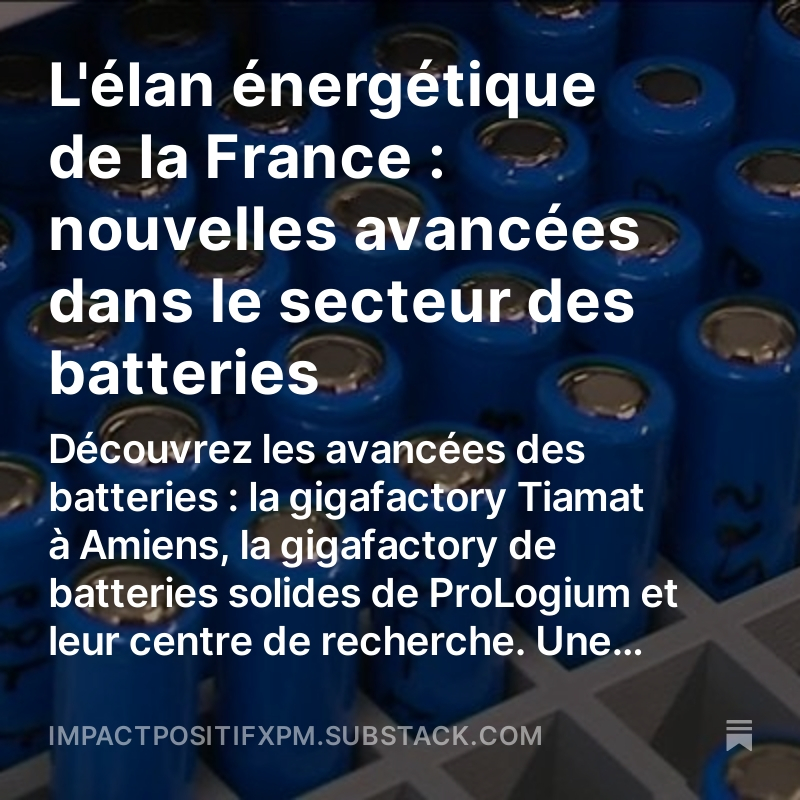 L'élan énergétique de la France : nouvelles avancées dans le secteur des batteries

Découvrez notre #newsletter mensuelle Impact Positif dès maintenant !
open.substack.com/pub/impactposi…

#managementdetransition #impactpositif #managementdetransitionaugmenté #xpm #batteries #gigafactory