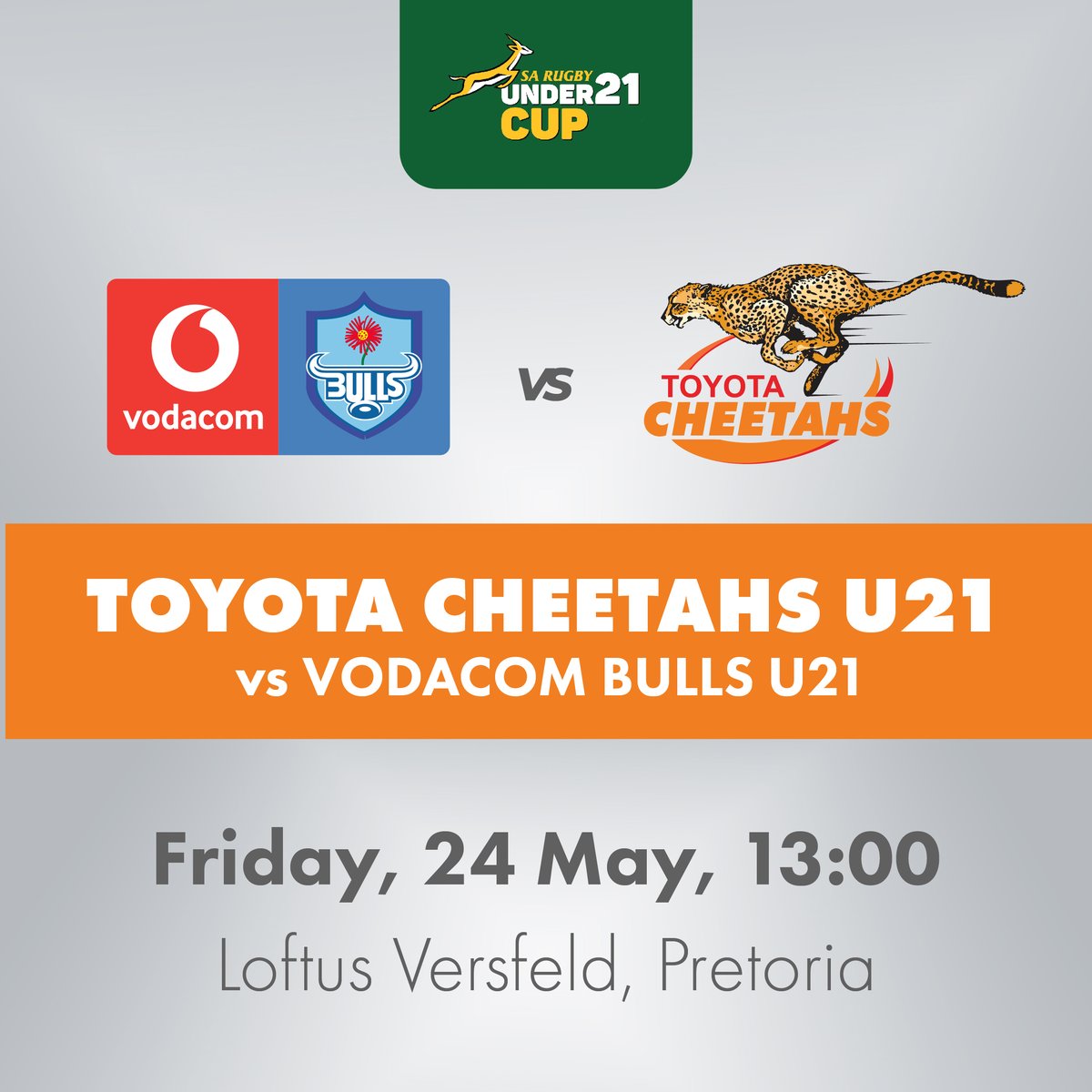 🚨Upcoming Match 🏆SA Rugby Under-21 Cup 👕Vodacom Bulls U21 vs Toyota Cheetahs U21 📅Friday, 24 May ⏲️13:00 🏟️Loftus Versfeld, Pretoria @ToyotaSA