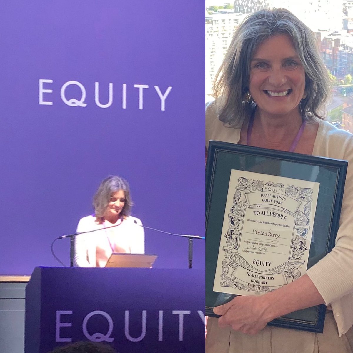 ⁦I was honoured to attend ⁦@EquityUK⁩ conference this weekend and gobsmacked to be presented with Honorary Lifelong Membership in recognition for my services to the Union and its members. I am so grateful and proud to be an activist. We make a bloody difference.
