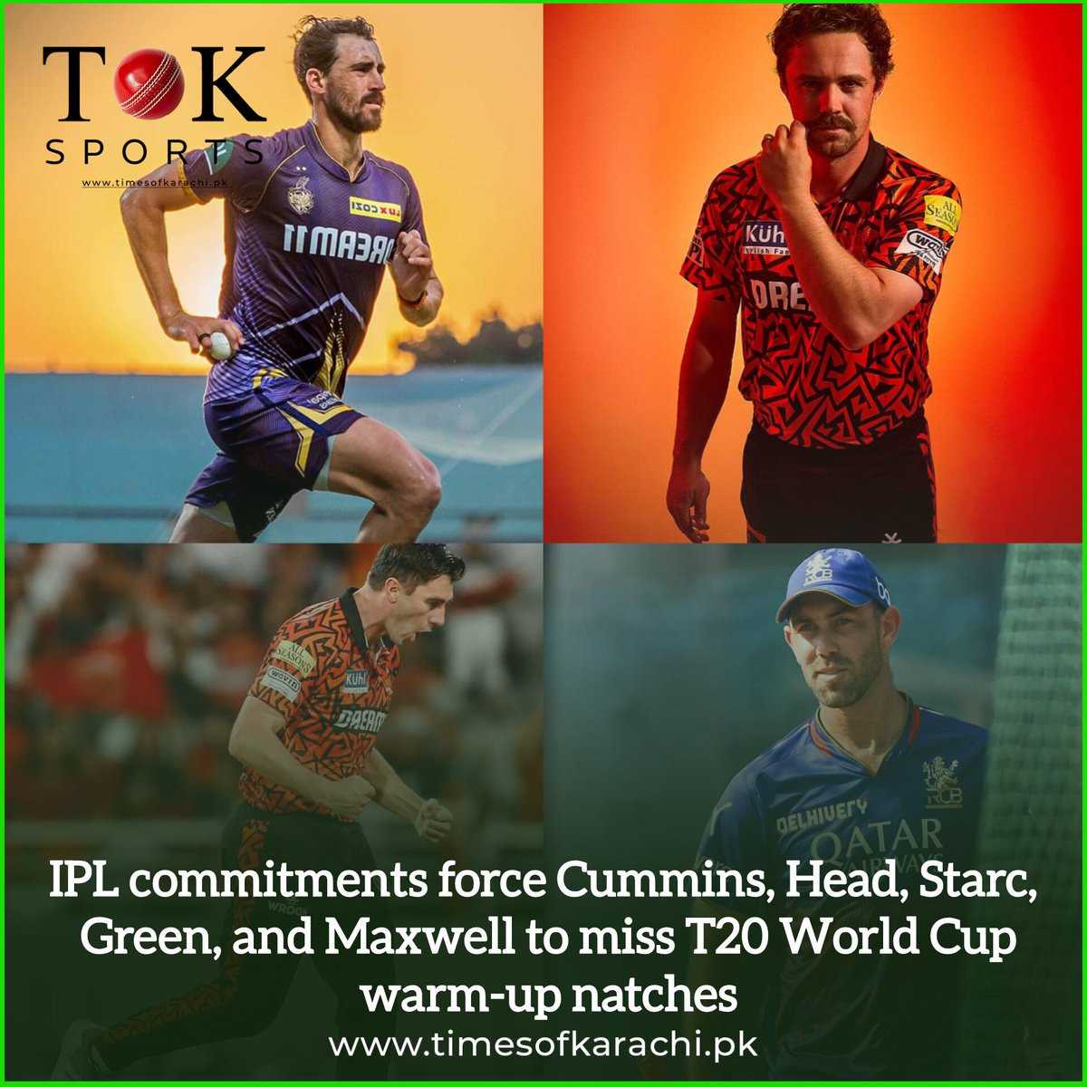 Pat Cummins, Travis Head, Mitchell Starc, Cameron Green, and Glenn Maxwell will miss the T20 World Cup warm-up matches due to their commitments in the IPL.

#TOKSports #MitchellStarc #TravisHead #PattCummins #GlennMaxwell #T20WorldCup