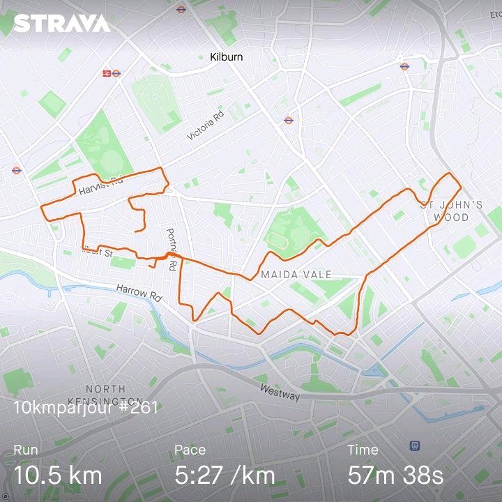 #10kmparjour épisode 261, tout trankilou car la consigne de la semaine est de courir sans forcer jusqu'à la course de samedi.
Je regarde mes stats et je vois que ce sera la première course > 60 km depuis... 2019 ! Mazette. 
 strava.app.link/wre64YdYLJb