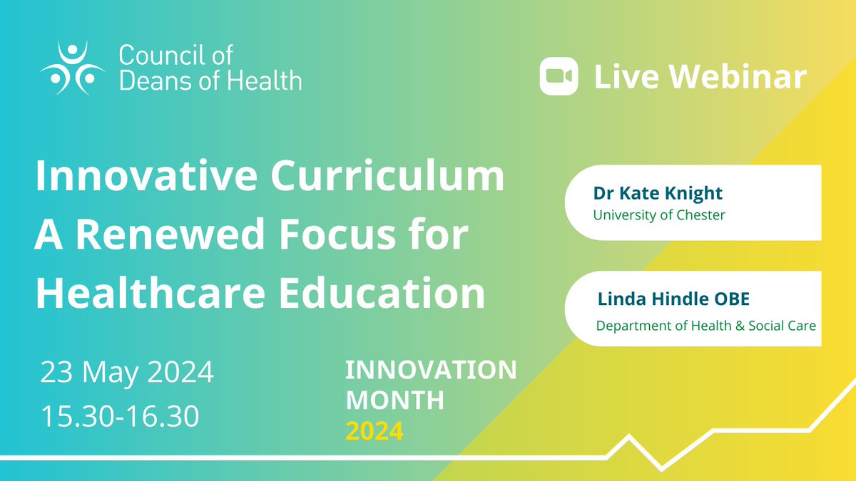 There is still time to register for our next #InnovationMonth webinar this Thursday. It is free and open to all. @KateHKnight and @HindleLinda will showcase best practice examples of innovative curriculum in healthcare higher education. Don't miss it! 🔗us02web.zoom.us/webinar/regist…
