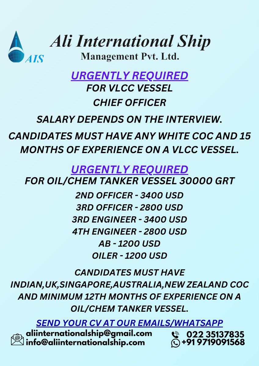 #shipping #aliinternationalship #Seafarers #jobopportunity #tankervessel #oiler #ab #hiringnow #ShippingWorldwide #Sailorslife #Marine #Crew #Ship #Sea #Requirements #opencdcholder #marineopportunity #merchantnavy #marineofficer #marinejobs #indianseamen #indianmerchantnavy