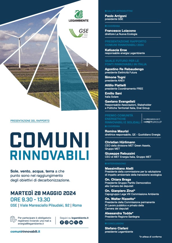 #SaveTheDate 📅 #28maggio a Roma: presentiamo il rapporto 2024: 'COMUNI RINNOVABILI'. Saranno premiati i vincitori della prima edizione del Premio Comunità Energetiche Rinnovabili e Solidali #CERS, in collaborazione con MET Group.