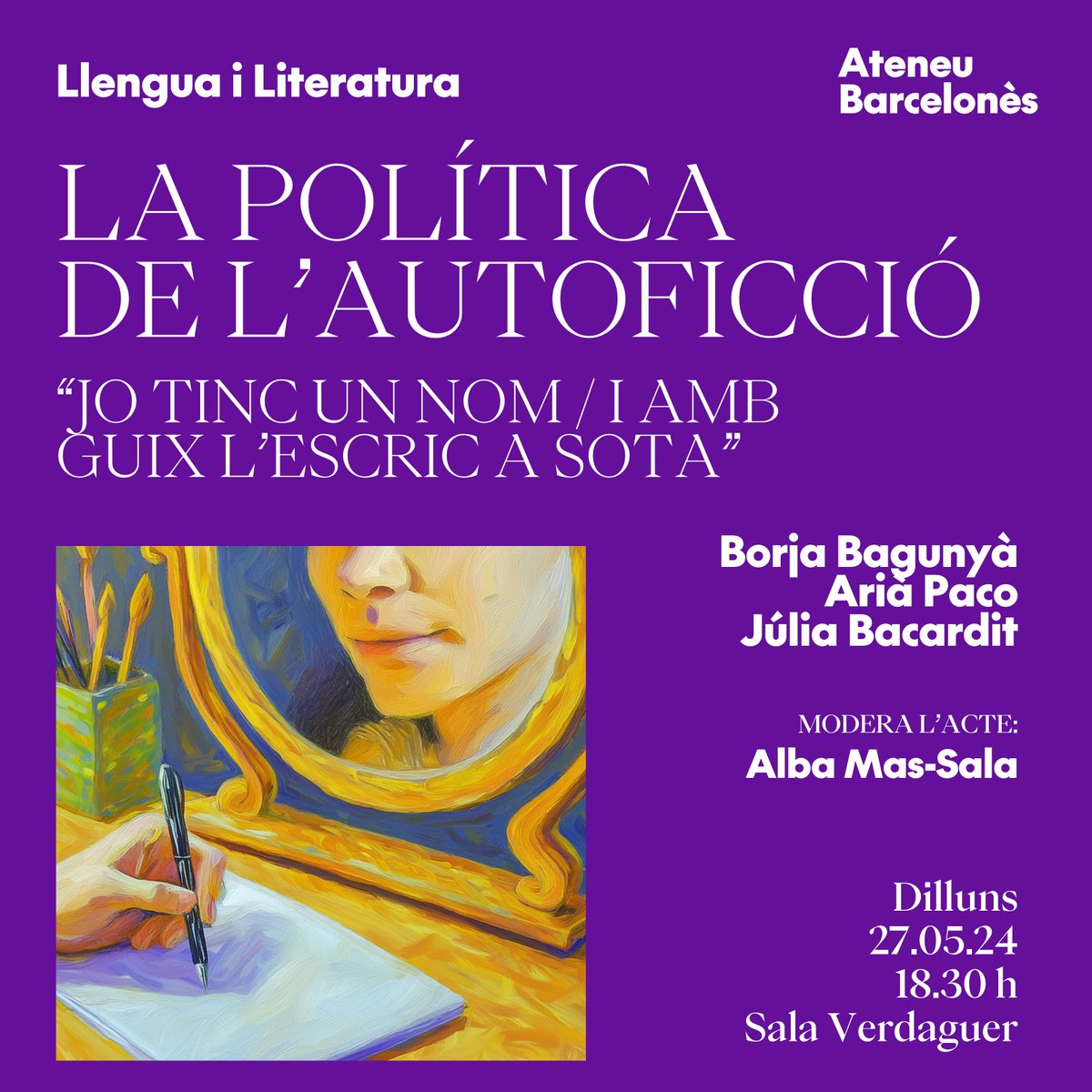 🗣️27 de maig a les 18:30h

Jo tinc un nom/i amb guix l'escric a sota: La política de l'autoficció
És l'autoficció un boom exclusivament català o el podem traçar a escala global? 

🫱🏻‍🫲🏼En parlem amb @BorjaBagunya <a href="/entusiasmat/">Arià Paco</a> <a href="/JuliaBacardit/">Júlia Bacardit</a> 

📍Sala Verdaguer
🎟️Obert a tothom