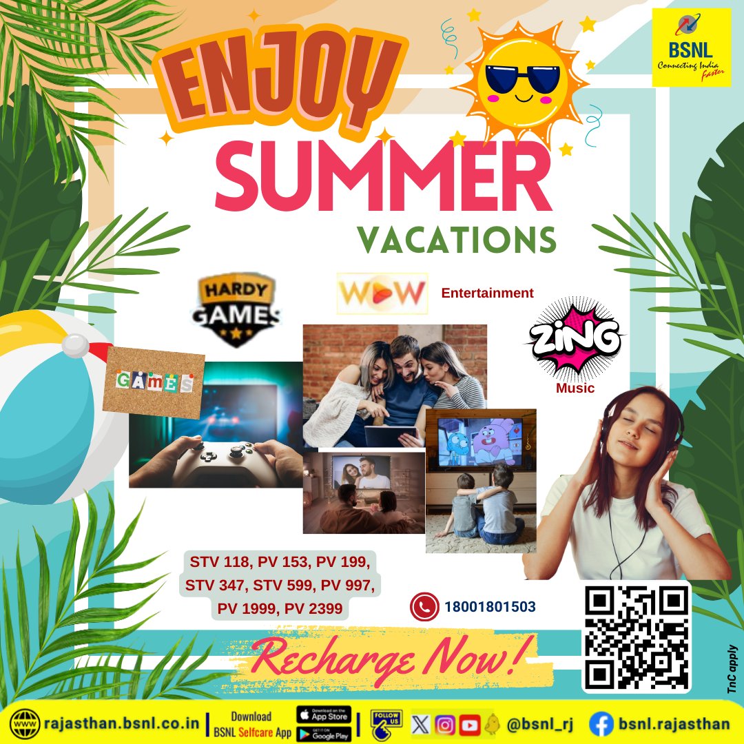 Enjoy #SummerVacations with #BSNL 🎧🎬🌞🔊 Games, songs, music, videos and many more with selected #BSNL recharge vouchers ! Download #BSNLSelfcareApp Google Play: bit.ly/3H28Poa App Store: apple.co/3oya6xa #RechargeNow #DownloadNow
