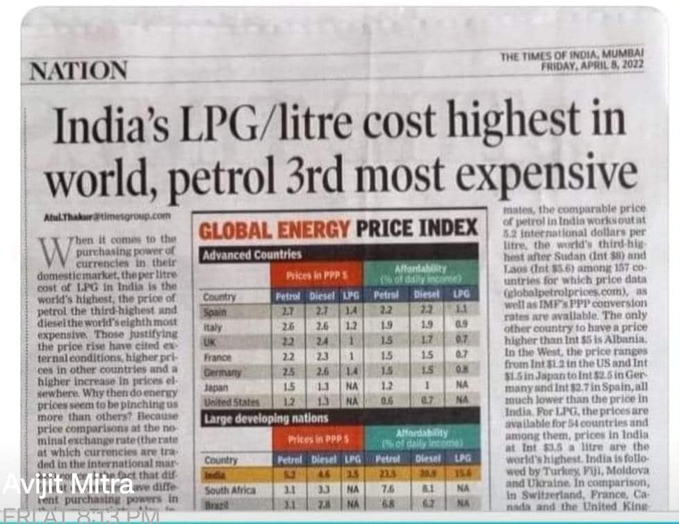 IntrovertJourno's tweet photo. #India's #Lpg cost highest in world, #petrol 3rd most expensive. 
An old #newspaper cutting dated April8, 22 goes #viral during the #election season.
The #news article talks about the high inflation and high cost of fuel amid @mygovindia huge purchase of Russian oil.
Reports @TOI https://t.co/UOWNb5q3Pv