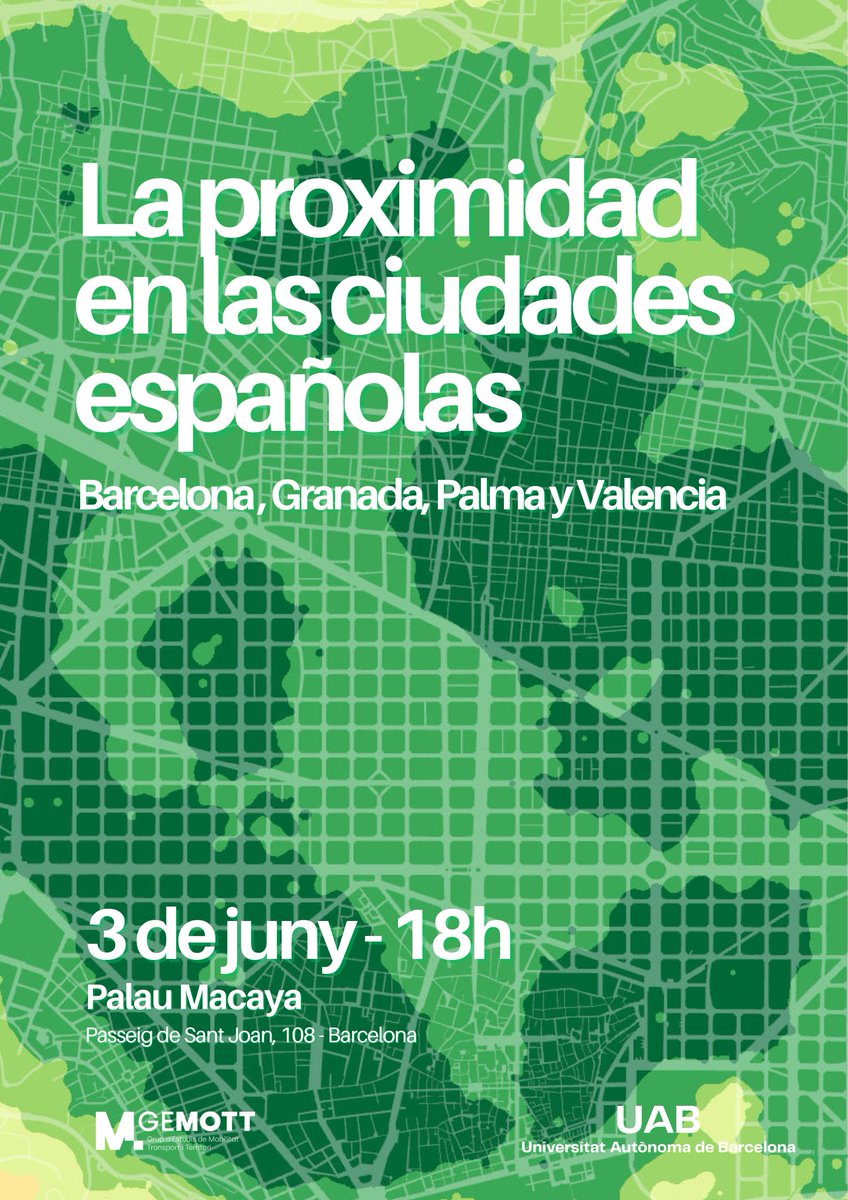 gemottuab's tweet photo. 📢El 3 de juny us esperem al Palau Macaya. Presentarem l'informe "La proximidad en las ciudades españolas".
Entrada lliure.
#proximity #15minutecities #Barcelona #Plama #Granada #Valencia
@Geografia_UAB @CanalUGR @GeografiaUIB @UV_EG https://t.co/gr0PPYtoj7