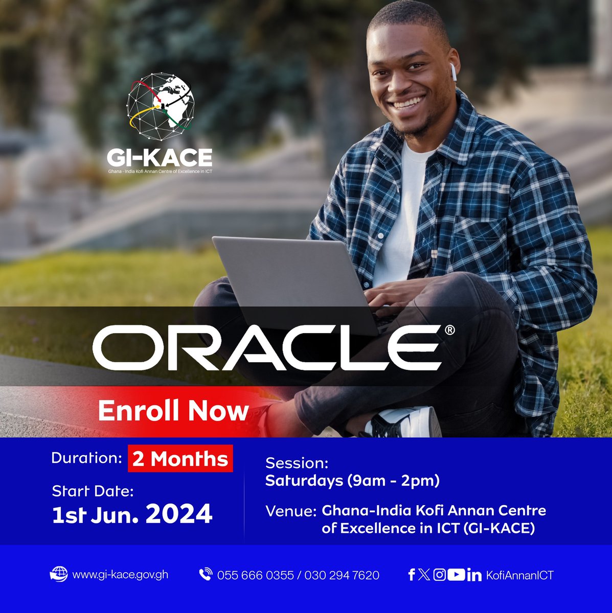 Join our Oracle Database course on June 1, 2024, for a more practical curriculum designed exclusively to provide you with in-depth knowledge in programming experience of Oracle Server administration.

Visit our offices to enrol now.
#GIKACE #KofiAnnanICTCentre