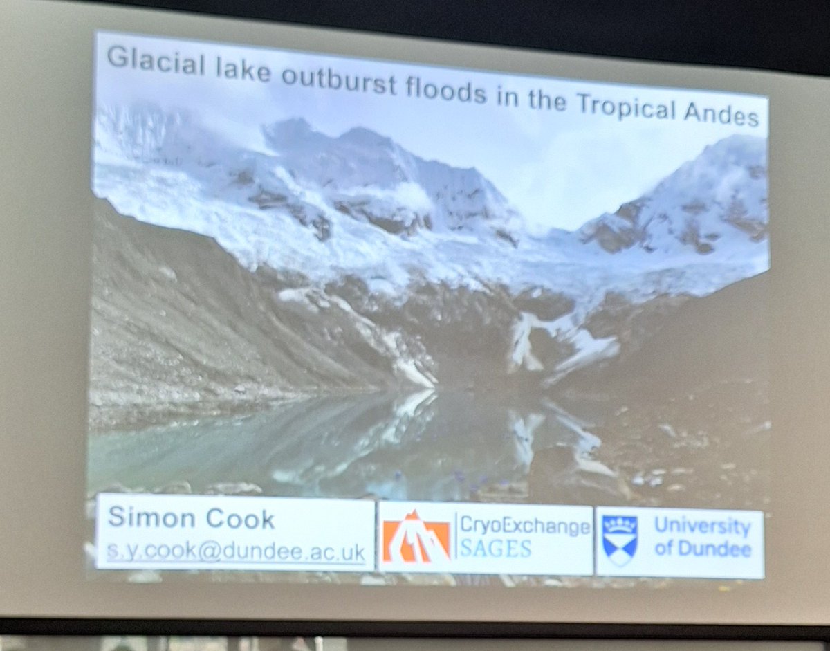 Kicking off the @ScotSAGES #ASM it's our own @glacio_cook talking about #GLOF risk in the Tropical Andes. Talking about the how the risk of these hazards is changing as our climate changes and glacial lakes grow in number and size, as glaciers continue to retreat & downwaste.