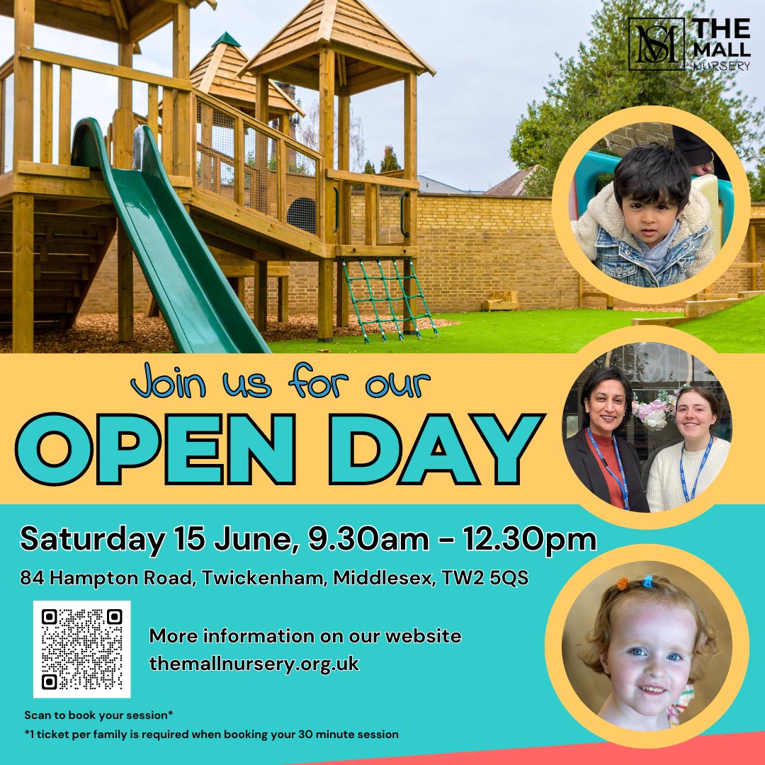 The Mall School, Twickenham (@themallschool) on Twitter photo On Saturday 15 June, The Mall Nursery are hosting an open day!š
Sessions are available between 9.30am - 12.30pm and can be booked here: trybooking.com/uk/events/land⦠or via the QR code.
More information can be found on the website themallnursery.org.uk/open-day-saturā¦
#themallnursery #openday On Saturday 15 June, The Mall Nursery are hosting an open day!š
Sessions are available between 9.30am - 12.30pm and can be booked here: trybooking.com/uk/events/land⦠or via the QR code.
More information can be found on the website themallnursery.org.uk/open-day-saturā¦
#themallnursery #openday
