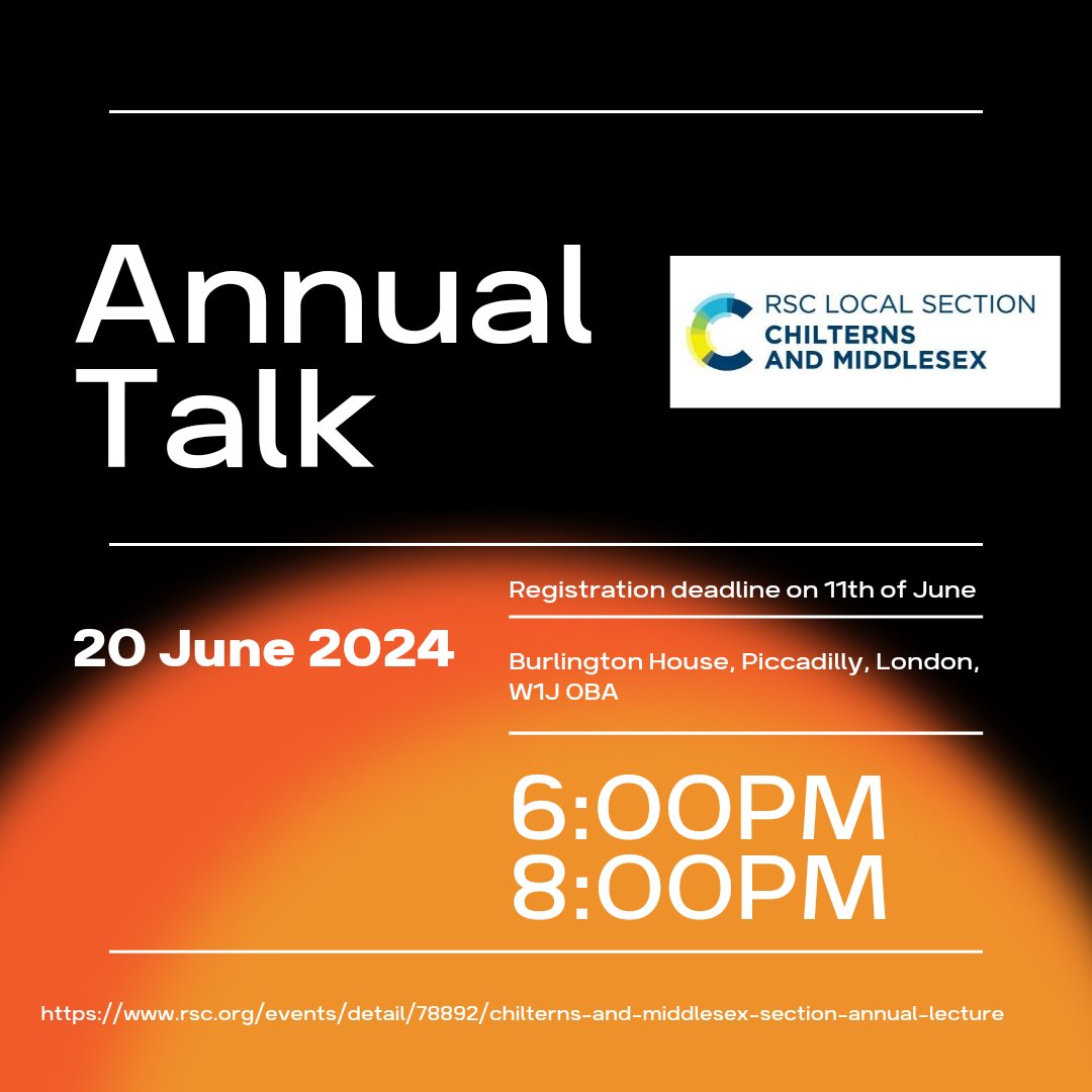 RSC Chilterns & Middlesex Local Section (@rsc_chilterns) on Twitter photo 🔬 Calling all chemistry enthusiasts! 🔬 Get ready for an inspiring evening at the <a href="/RoySocChem/">Royal Society of Chemistry</a> Chilterns and Middlesex Section Annual Lecture on 20th June. 🌐 Speaker: Mr Ryan Kerstein, Secure your spot today by email to secretaryrsccm@gmail.com
#ChemistryTalk
#RSCEvent 🔬 Calling all chemistry enthusiasts! 🔬 Get ready for an inspiring evening at the <a href="/RoySocChem/">Royal Society of Chemistry</a> Chilterns and Middlesex Section Annual Lecture on 20th June. 🌐 Speaker: Mr Ryan Kerstein, Secure your spot today by email to secretaryrsccm@gmail.com
#ChemistryTalk
#RSCEvent