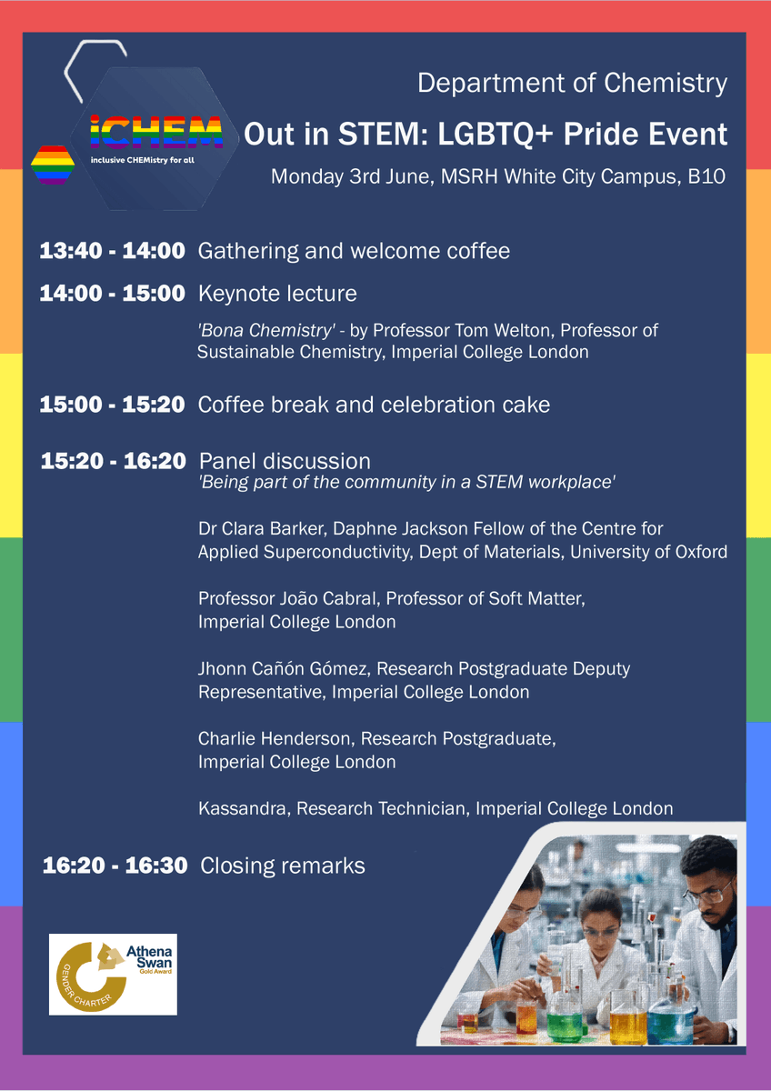 Join us for Pride: Out in STEM! Hear fromamazing speakers, connect with fellow #LGBTQ+ professionals in #STEM, and enjoy tasty refreshments. 🌈 📅Mon 3rd June @ 1.30-4.30PM 📍B10 MSRH, White City #Pride #LGBTQ #STEM #Inclusion Contact pride@imperial.ac.uk to attend!