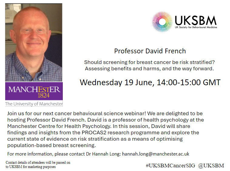 The next #UKSBMCancerSIG webinar is with the brilliant Prof @davidfrenchx! Join us on 19th June at 2pm. You can register here: lnkd.in/eAGi2Xvr Members and non-members of UKSBM welcome! 🎉