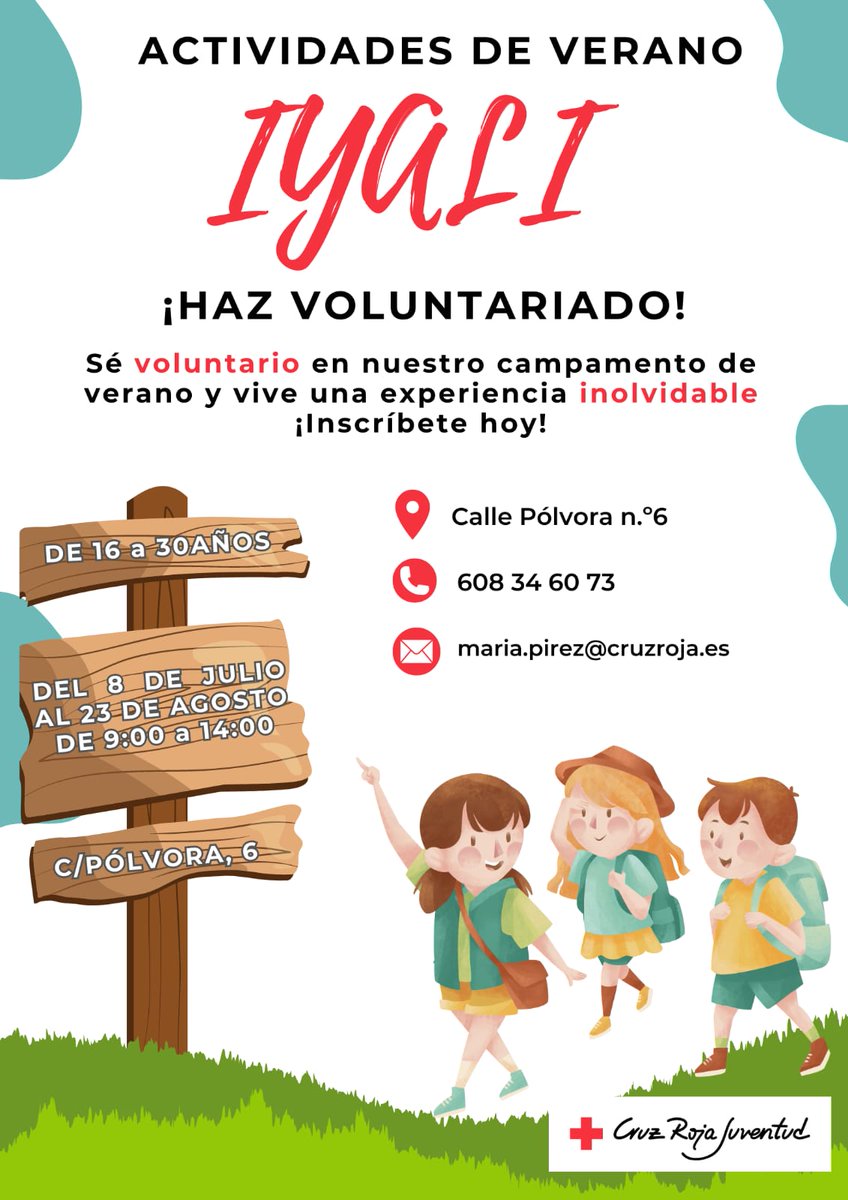 QUIERES HACER VOLUNTARIADO ESTE VERANO? 🙋🏼‍♀🙋🏻‍♂
¿Tienes ganas de vivir la experiencia de realizar actividades de verano, con niñas y niños de 6 a 14 años? 
¡APUNTATE!
forms.office.com/e/vP9zXrMyTT
* 608346073
* maria.pirez@cruzroja.es