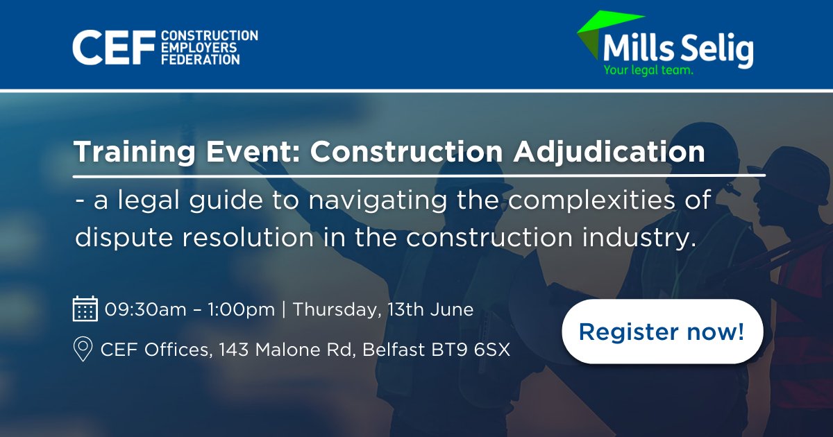 Sign up now for our next training event with @mills_selig on Construction Adjudication👉 tinyurl.com/5ebeawbj This training session will equip professionals with essential knowledge & skills in navigating the complexities of dispute resolution in the construction industry.