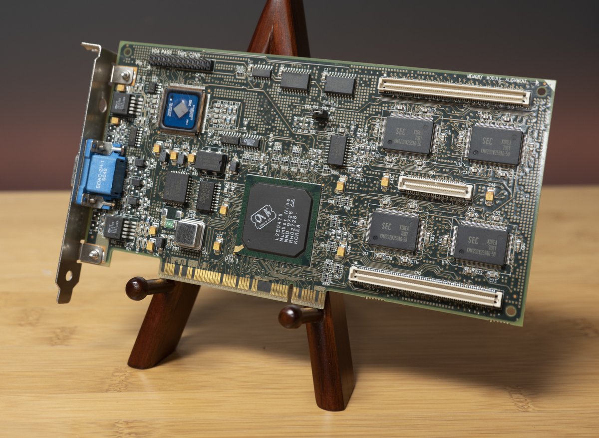 Today we have a PCI video card:

The Number Nine Revolution 3D 8MB. 🥳

Supporting MDA, CGA, Hercules, EGA, and VGA, as well as Direct3D and OpenGL, and with Number Nine's own T2R chipset, this card should handle just about anything.

I wish I had a memory expansion board for it.